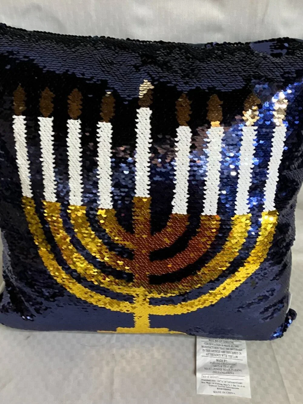 Storehouse Hanukkah Menorah Sequin Throw Pillow 18x18 Navy Blue Gold Holiday